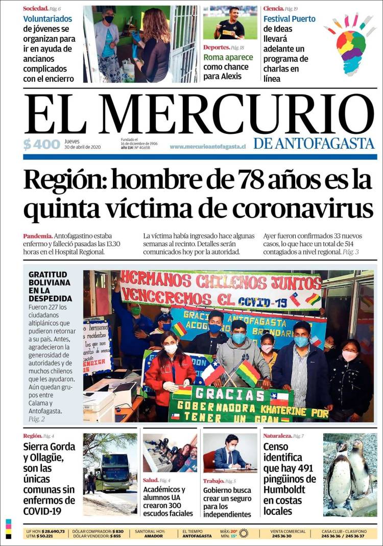 Portada de El Mercurio de Antofagasta (Chile)