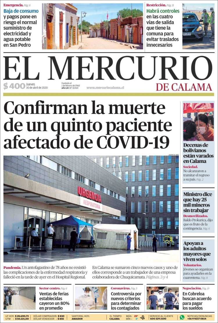 Portada de El Mercurio - Calama (Chile)