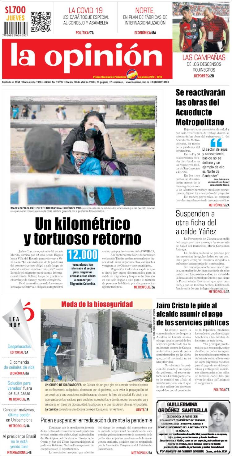 Portada de Diario La Opinion (Colombia)