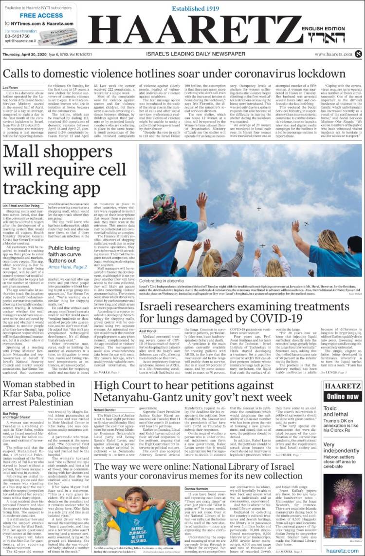 Portada de Haaretz (Israel)