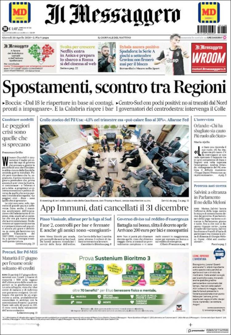 Portada de Il Messaggero (Italia)