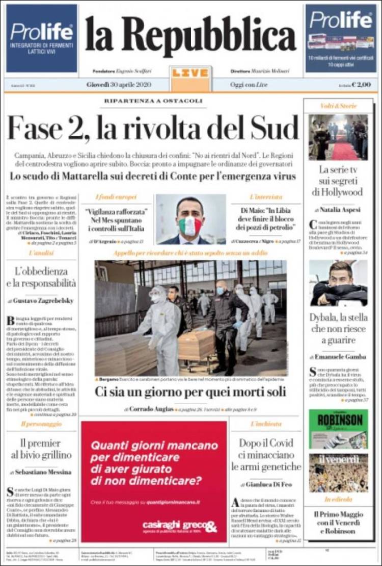 Portada de La Repubblica (Italia)