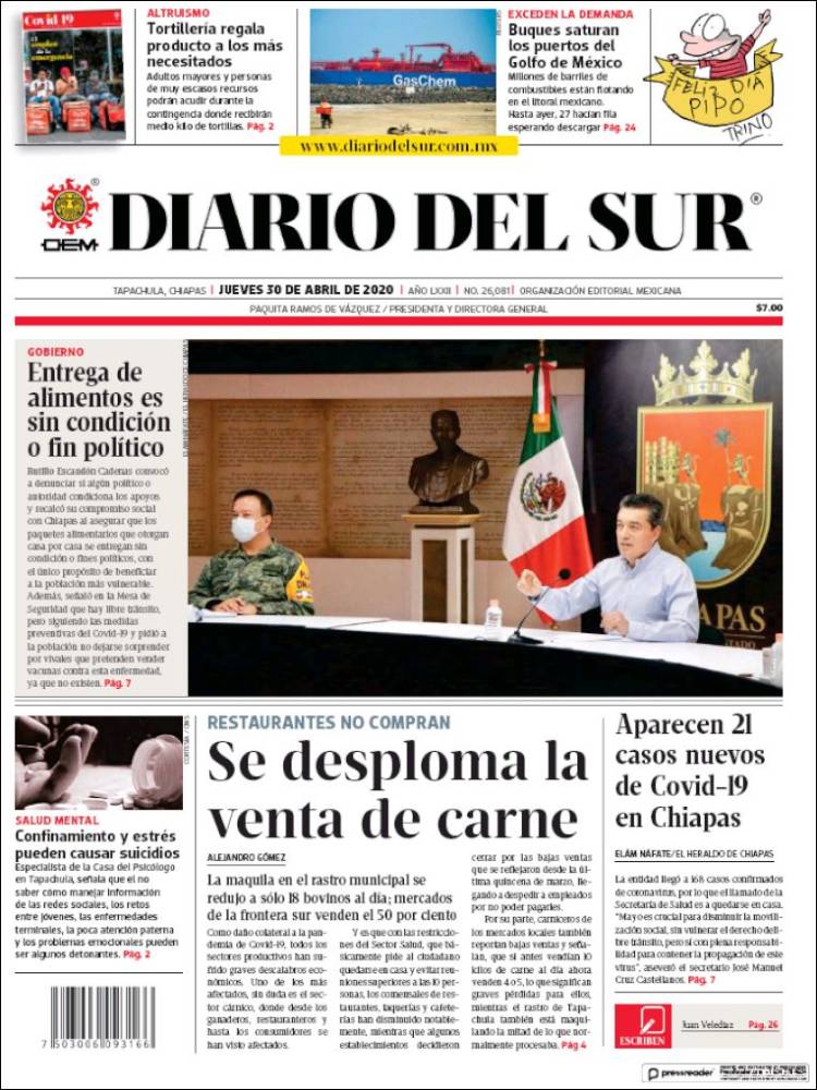 Portada de El Diario del Sur (México)