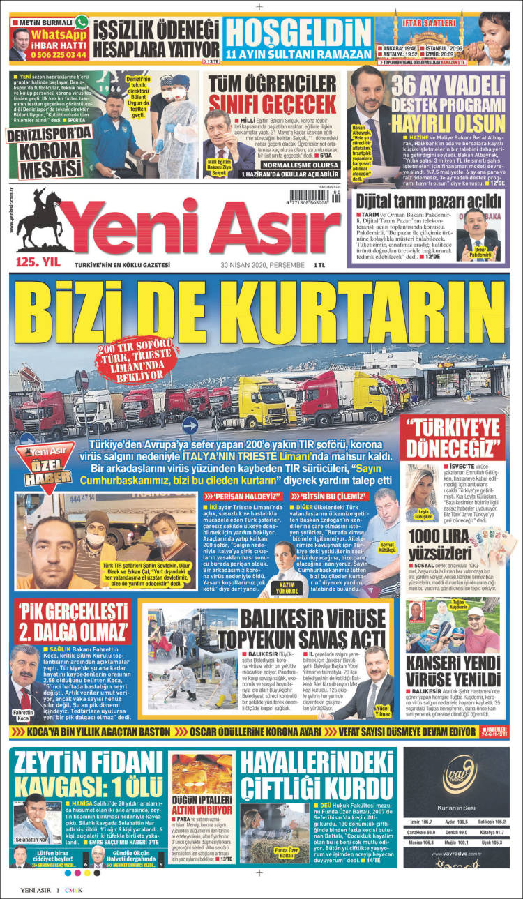Portada de Yeni Asır (Turqu&iacute;a)