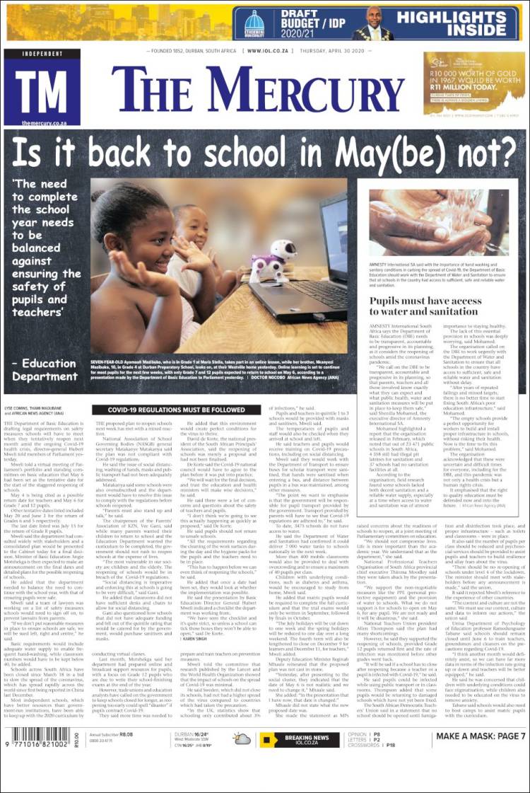 Portada de The Mercury (Sud&aacute;frica)