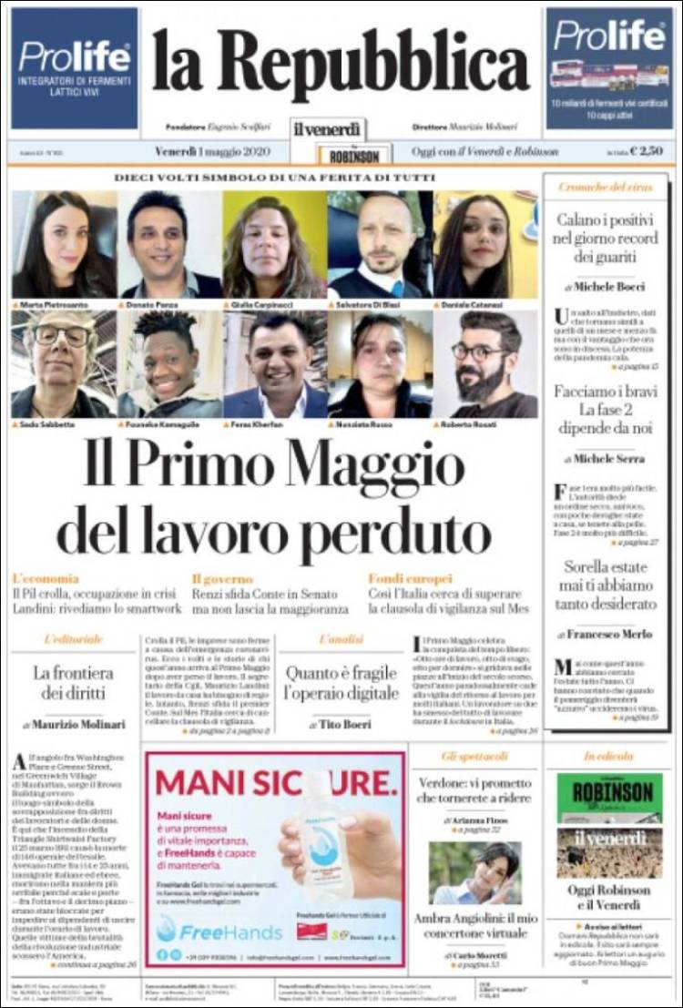 Portada de La Repubblica (Italia)