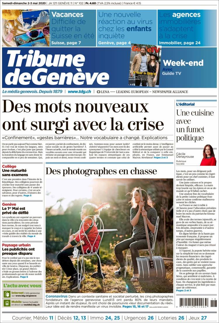 Portada de La Tribune de Genève (Suiza)