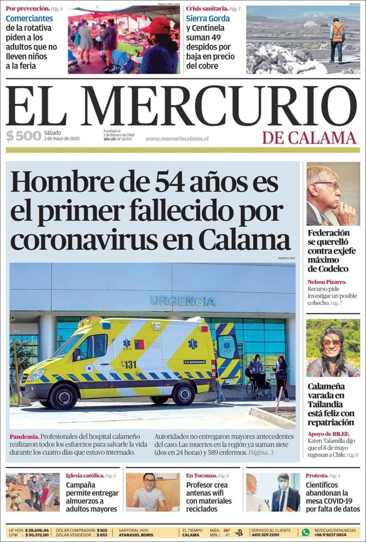 Portada de El Mercurio - Calama (Chile)