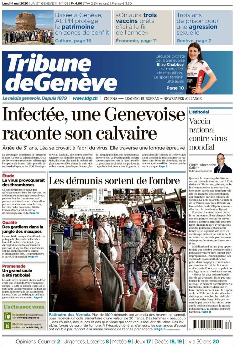Portada de La Tribune de Genève (Suiza)