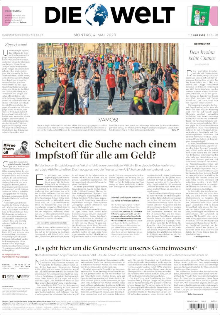 Portada de Die Welt (Alemania)