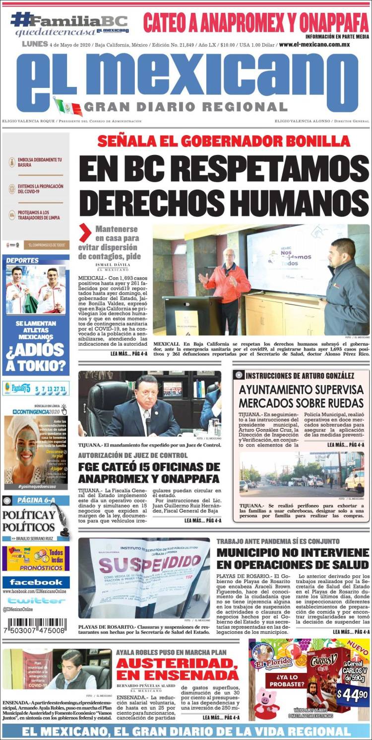 Portada de El Mexicano - El Gran Diario Regional (México)