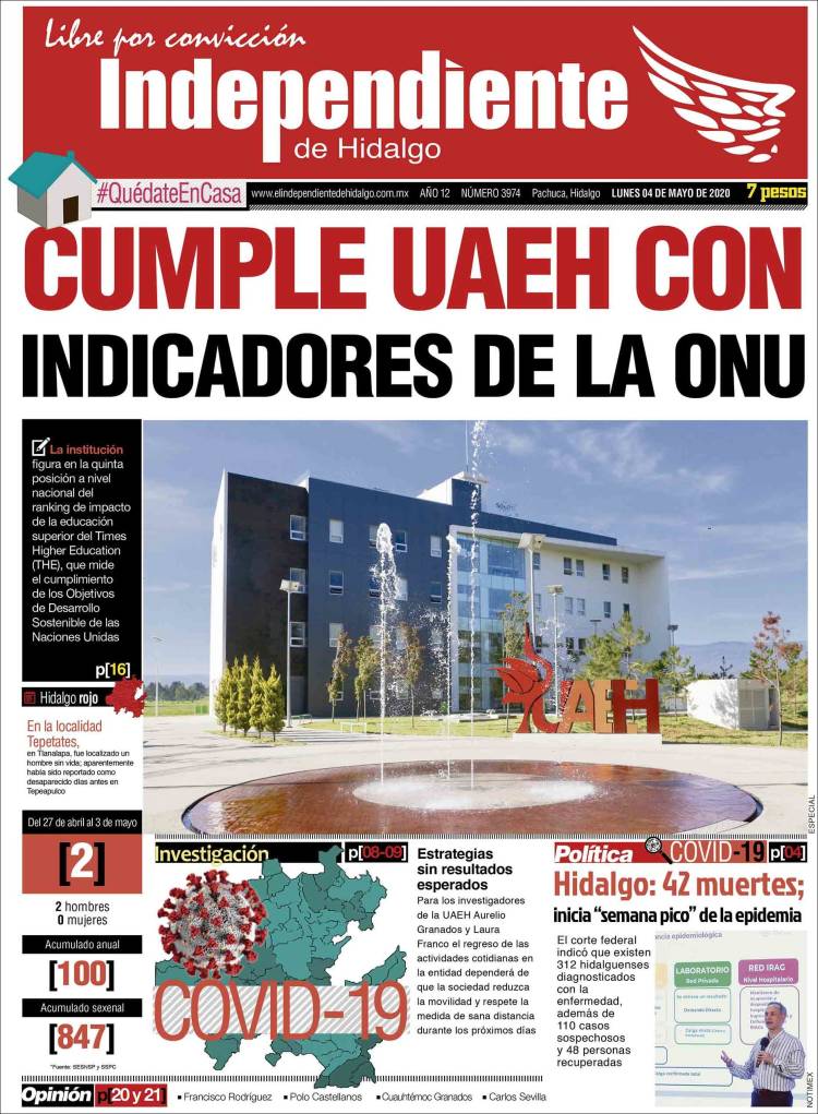 Portada de El Independiente de Hidalgo (México)