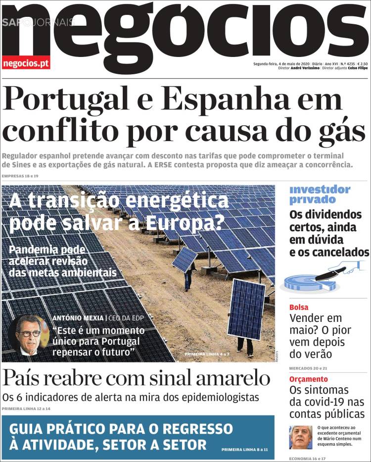 Portada de Jornal de Negócios (Portugal)