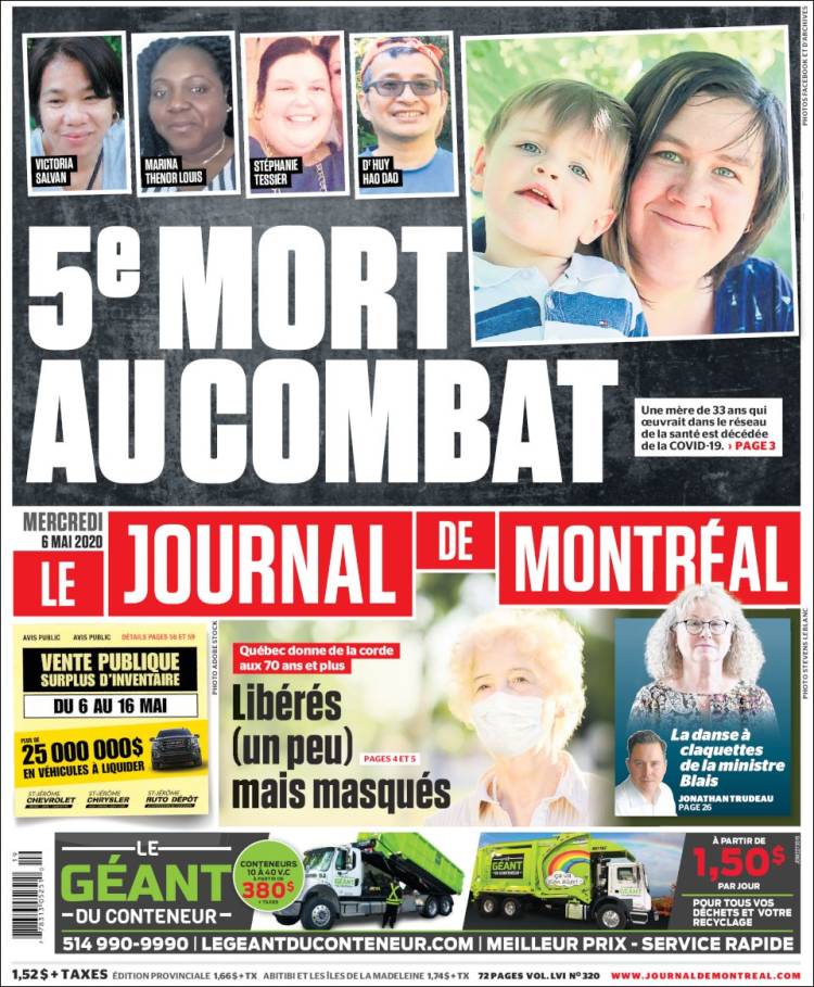 Portada de Le Journal de Montréal (Canadá)