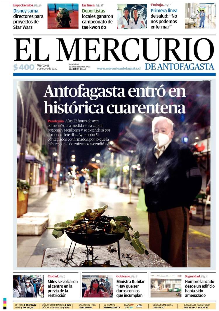 Portada de El Mercurio de Antofagasta (Chile)