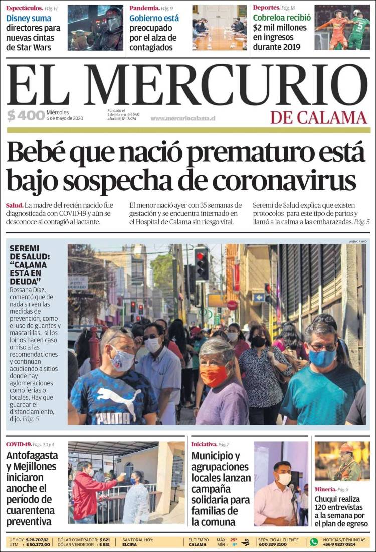 Portada de El Mercurio - Calama (Chile)