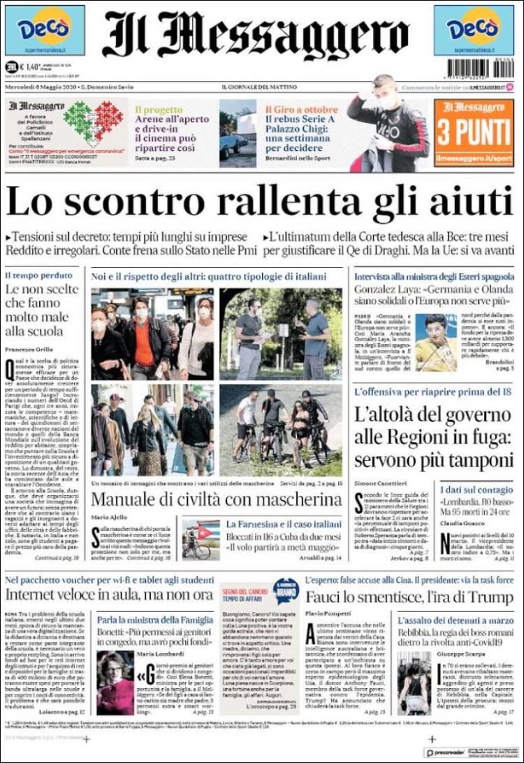 Portada de Il Messaggero (Italia)