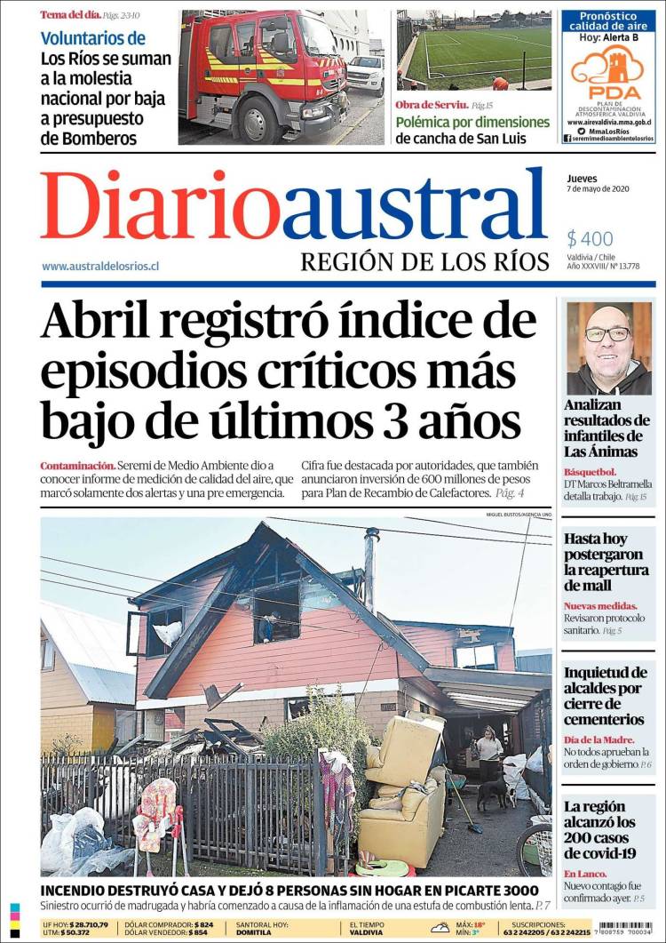 Portada de El Diario Austral de Valdivia (Chile)