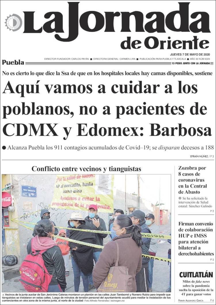 Portada de La Jornada de Oriente - Puebla (México)