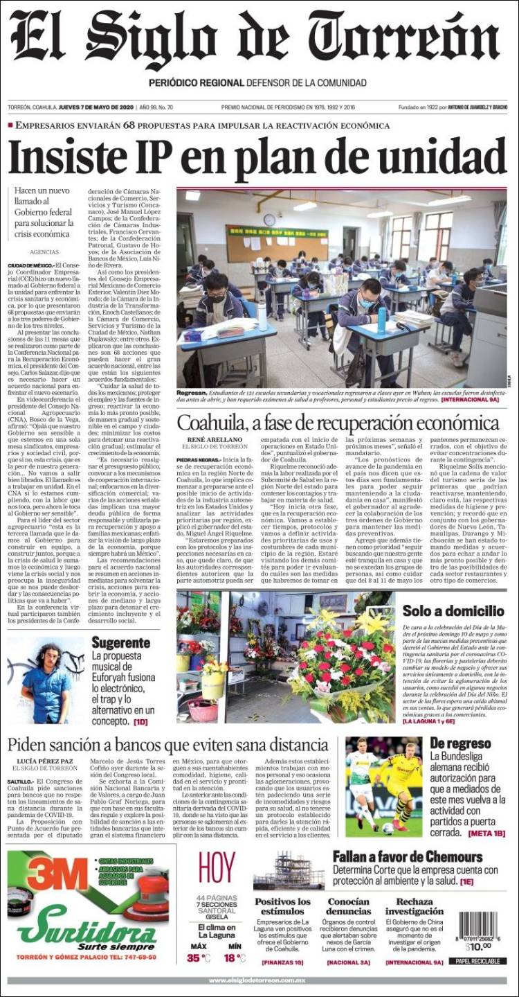 Portada de El Siglo de Torreon (México)