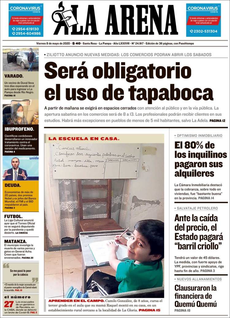 Portada de Diario La Arena (Argentina)