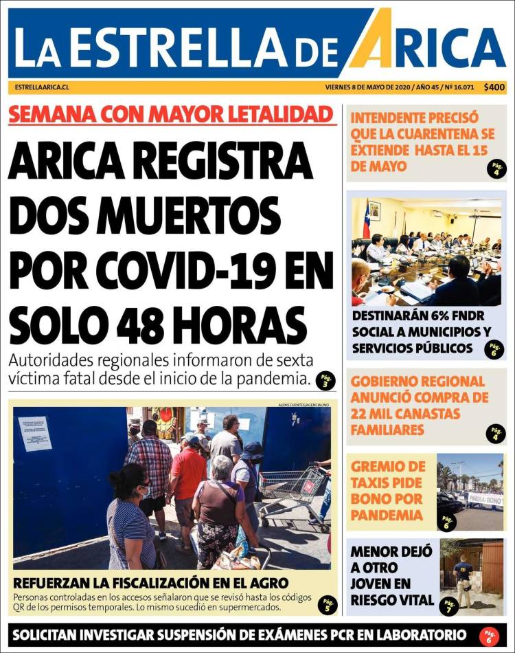 Portada de La Estrella de Arica (Chile)
