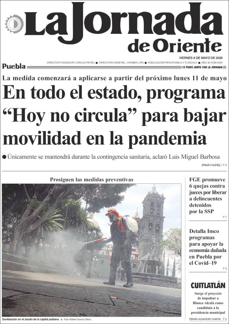 Portada de La Jornada de Oriente - Puebla (México)