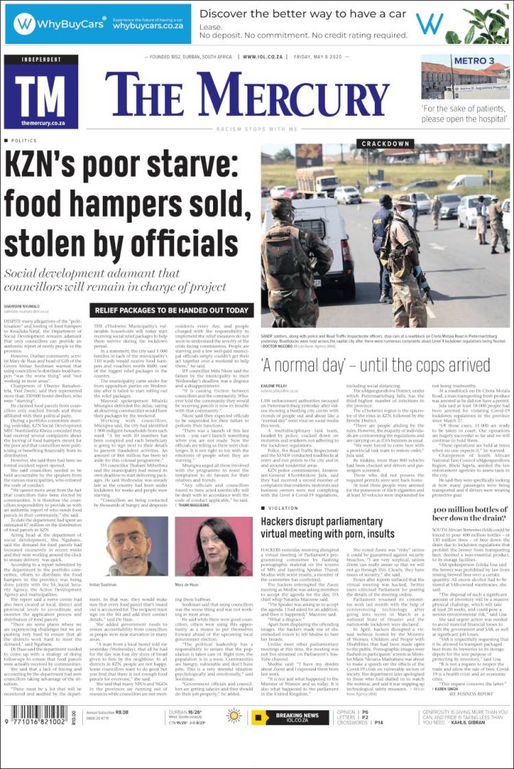 Portada de The Mercury (Sud&aacute;frica)