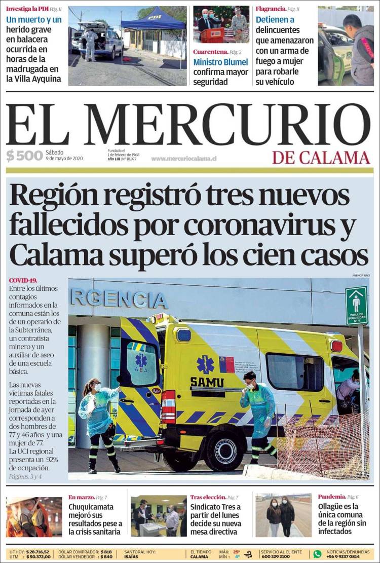Portada de El Mercurio - Calama (Chile)