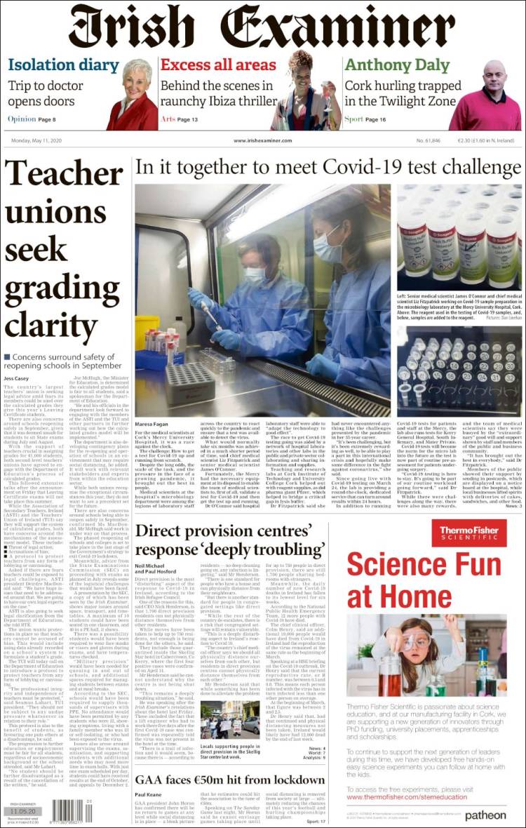 Portada de Irish Examiner (Irlanda)