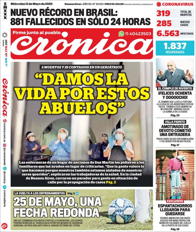 Periódico Crónica (Argentina). Periódicos de Argentina. Edición de  miércoles, 13 de mayo de 2020. 
