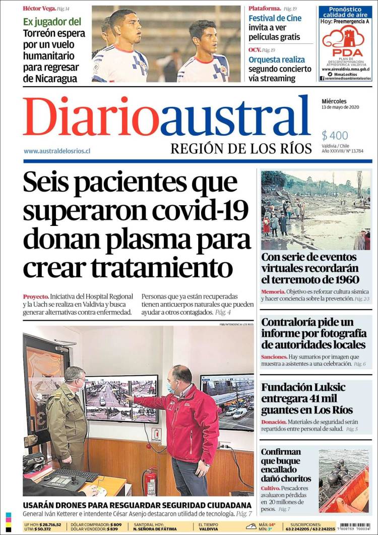 Portada de El Diario Austral de Valdivia (Chile)