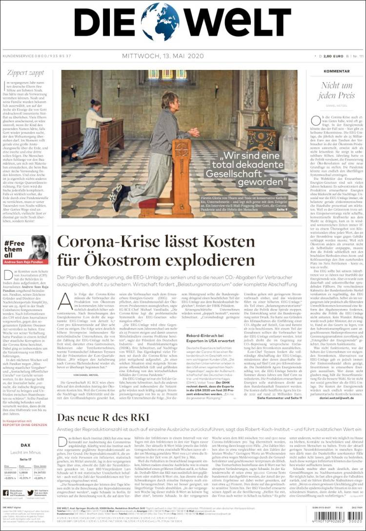 Portada de Die Welt (Alemania)