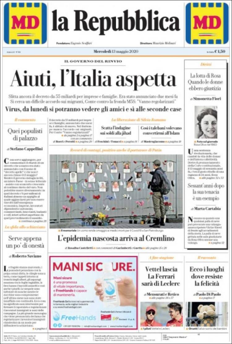 Portada de La Repubblica (Italia)