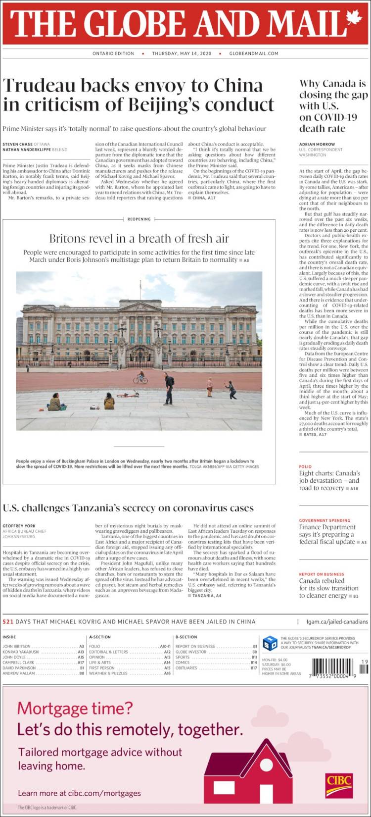 Portada de The Globe and Mail (Canadá)