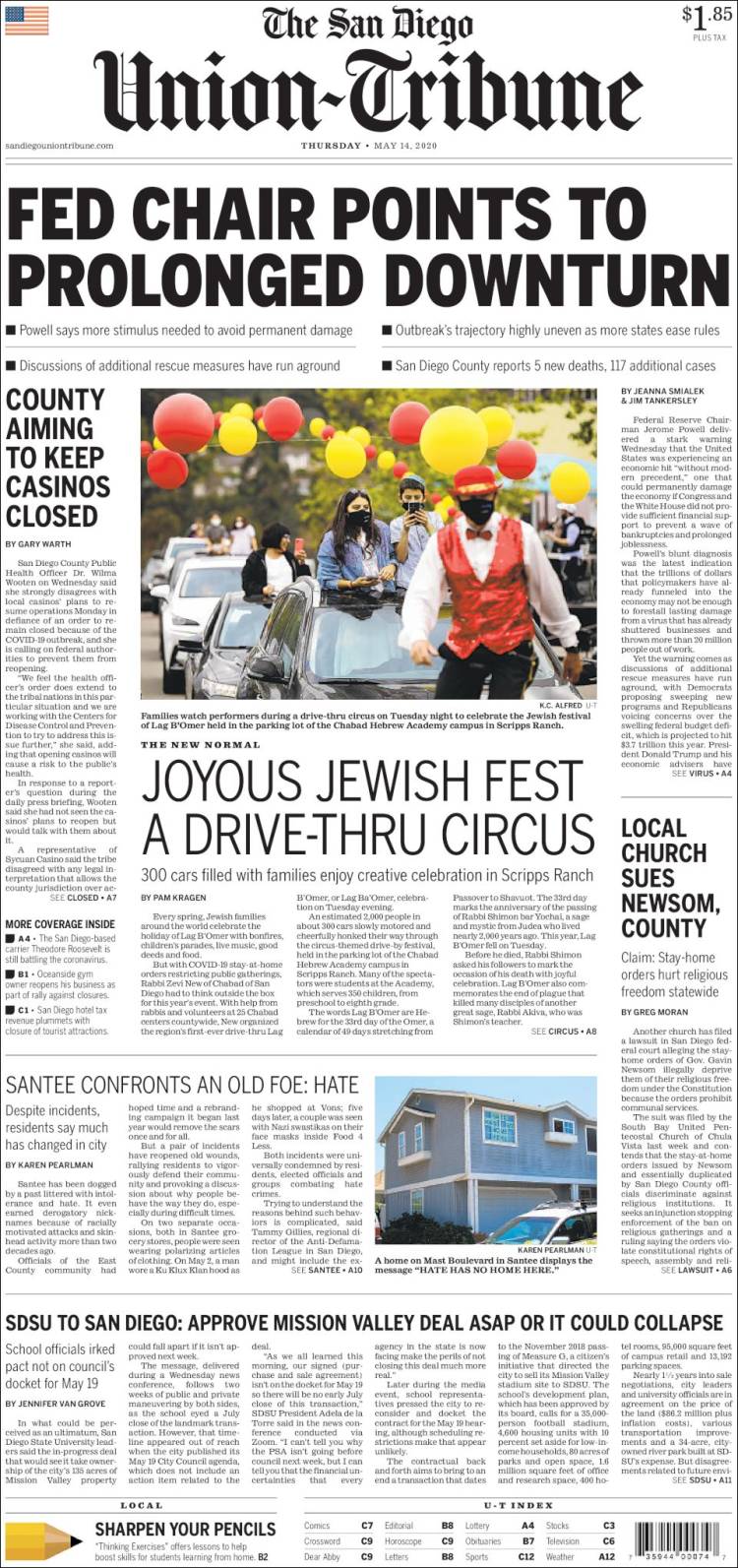 Portada de The San Diego Union-Tribune (USA)