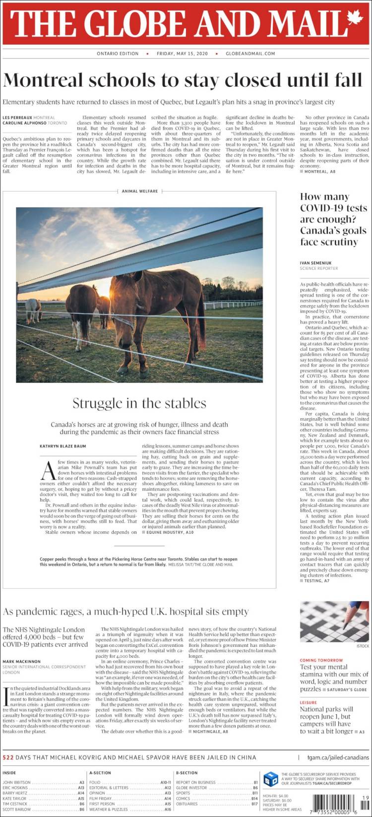 Portada de The Globe and Mail (Canadá)