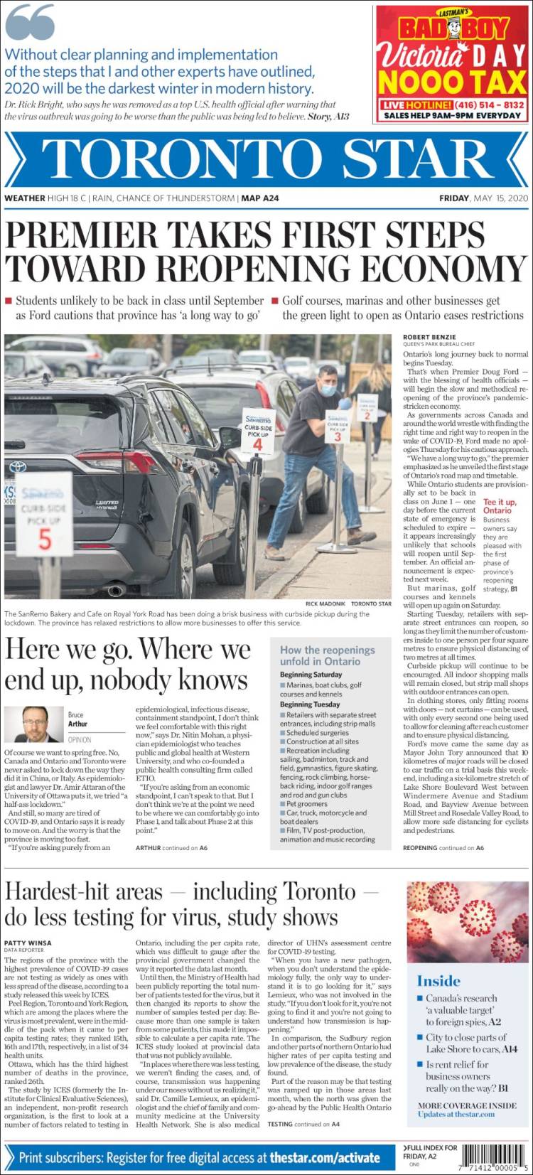 Portada de The Toronto Star (Canada)