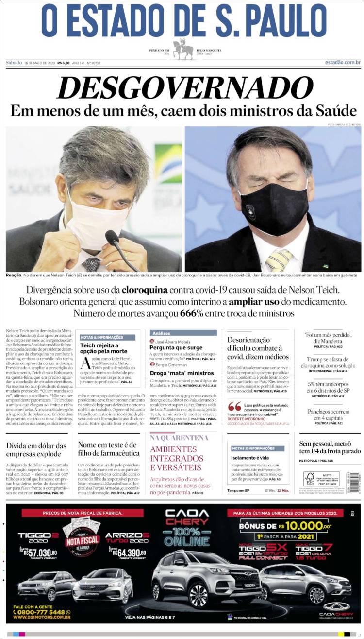 Portada de O Estado de São Paulo (Brasil)
