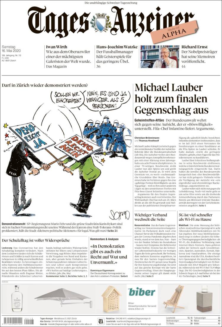 Portada de Tages-Anzeiger (Suiza)