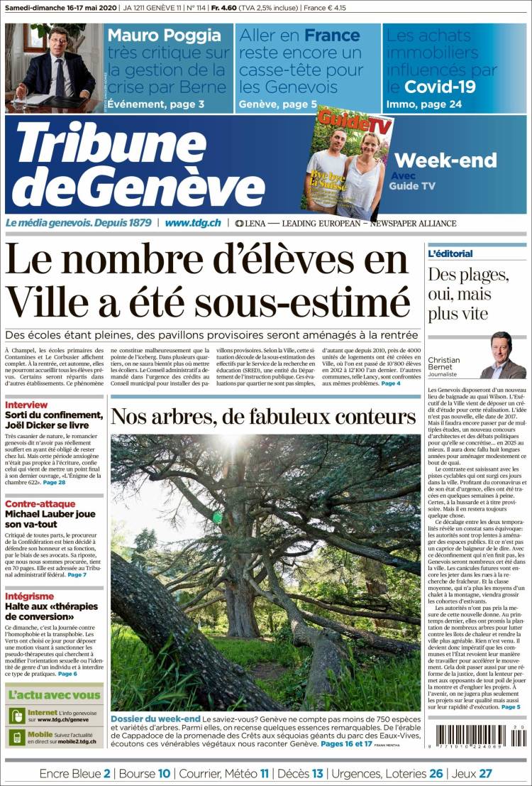 Portada de La Tribune de Genève (Suiza)