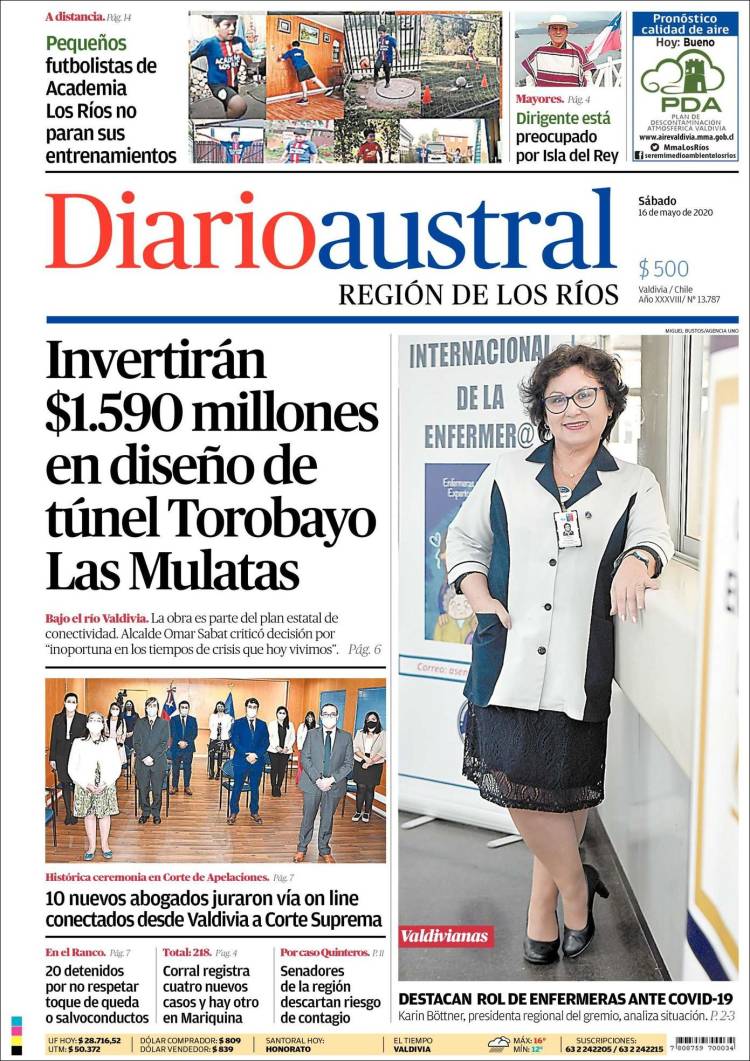 Portada de El Diario Austral de Valdivia (Chile)