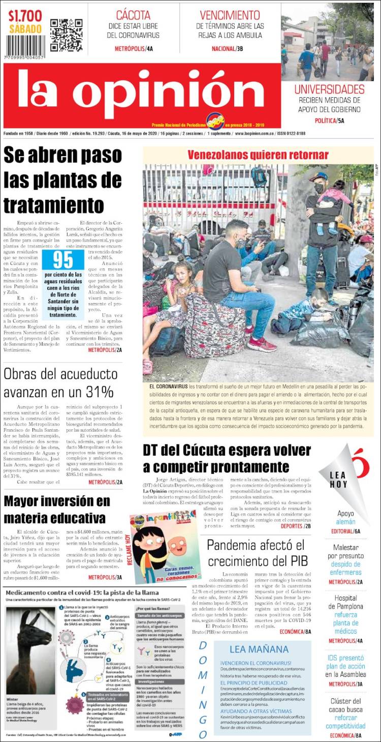 Portada de Diario La Opinion (Colombia)