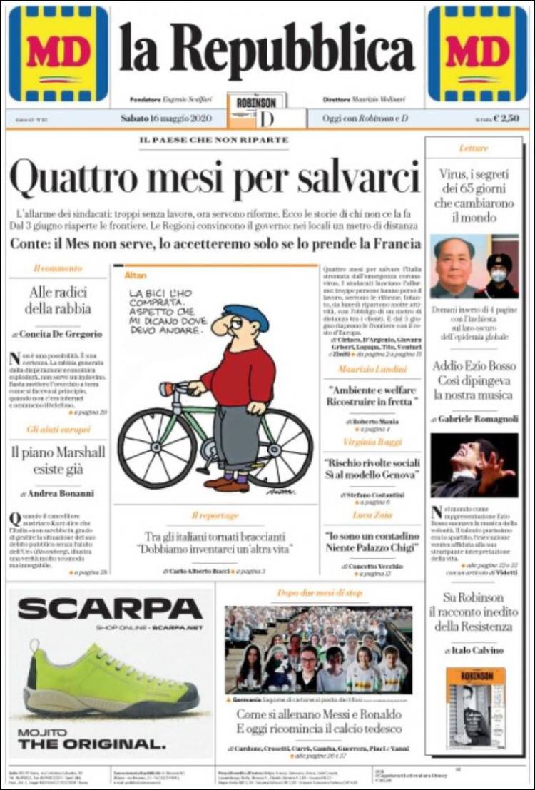 Portada de La Repubblica (Italia)