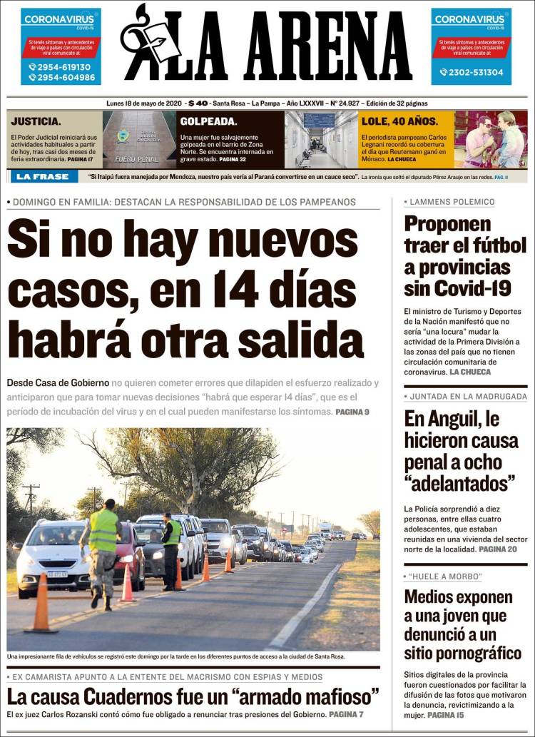 Portada de Diario La Arena (Argentina)