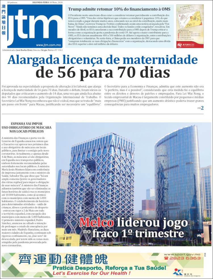 Portada de Jornal Tribuna de Macau (China)