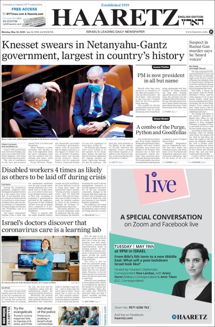 Portada de Haaretz (Israel)