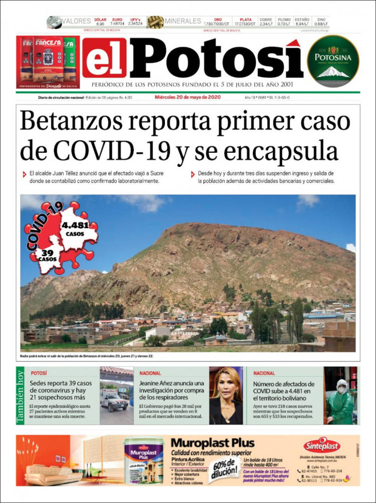 Portada de Diario de Potosí (Bolivia)