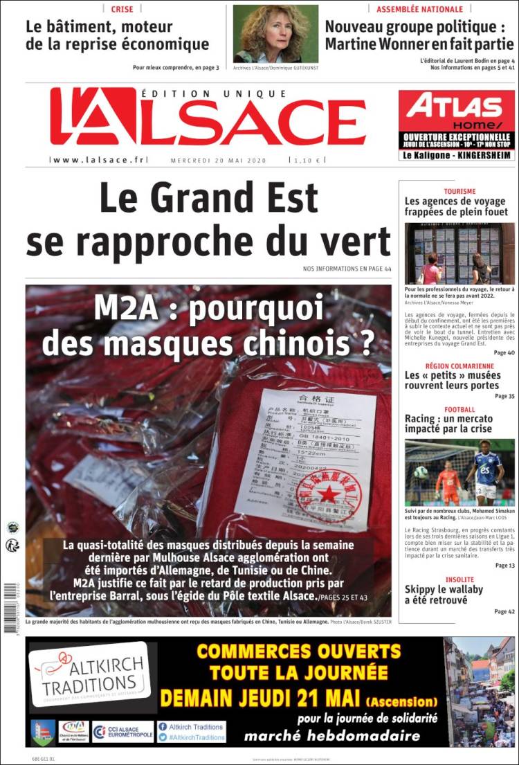 Portada de Journal L'Alsace (Francia)