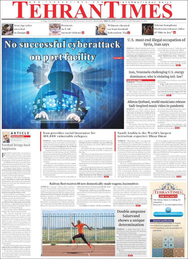 Portada de TehranTimes (Ir&aacute;n)